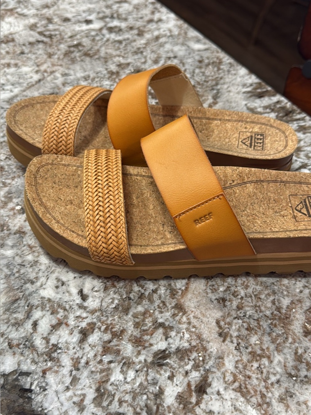 Reef Women’s Tan Dual‑Strap Cork Slide Sandals